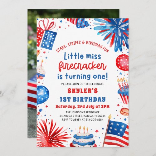 Little Miss Firecracker 4th of July 1st Birthday Invitation
