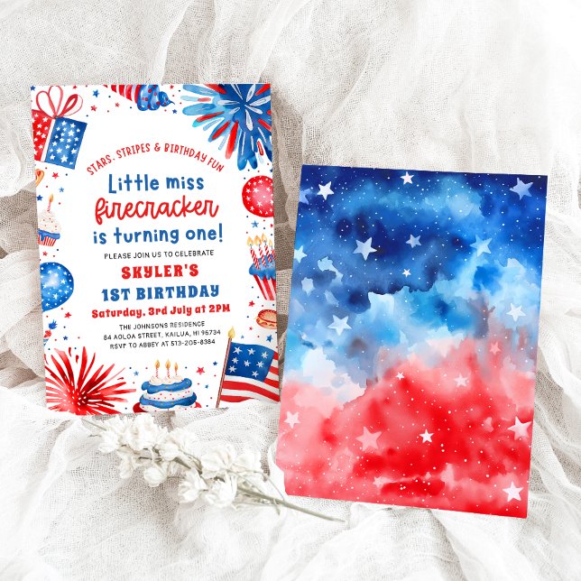 Little Miss Firecracker 4th of July 1st Birthday Invitation