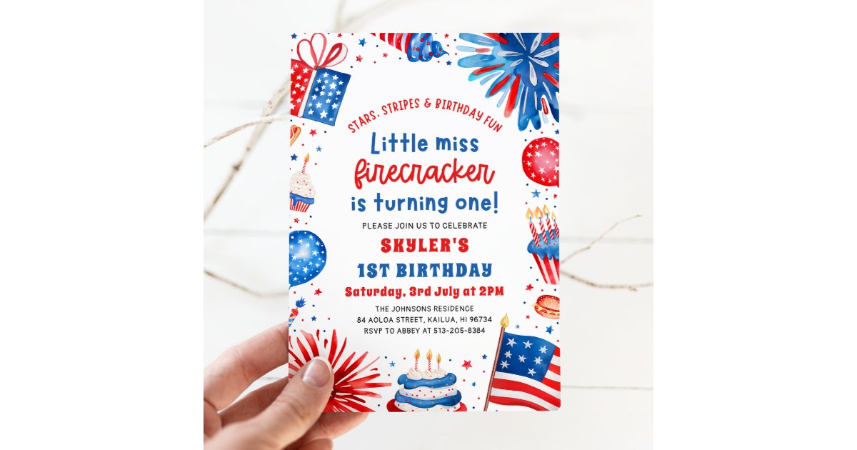Little Miss Firecracker 4th of July 1st Birthday Invitation