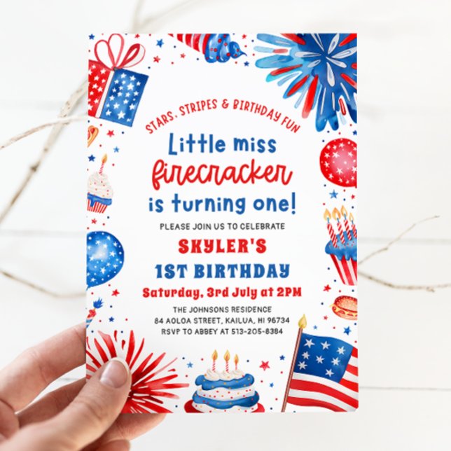 Little Miss Firecracker 4th of July 1st Birthday Invitation (Watercolor Patriotic Fireworks Little Miss Firecracker 4th of July 1st Birthday Invitation)