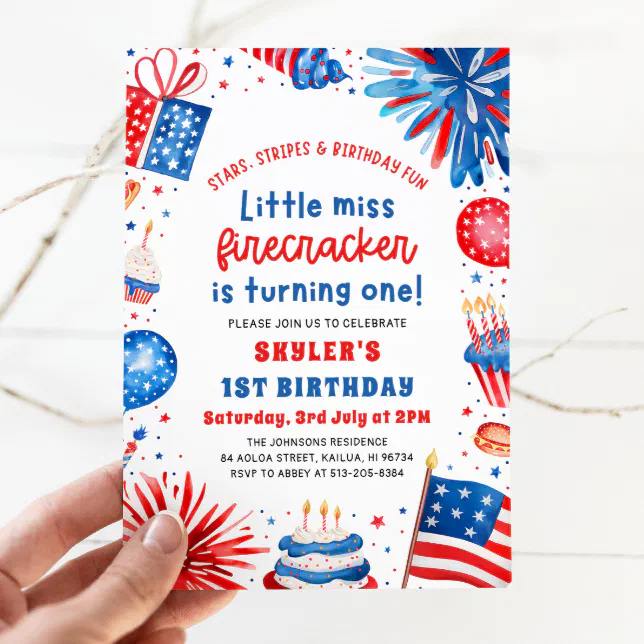 Little Miss Firecracker 4th of July 1st Birthday Invitation