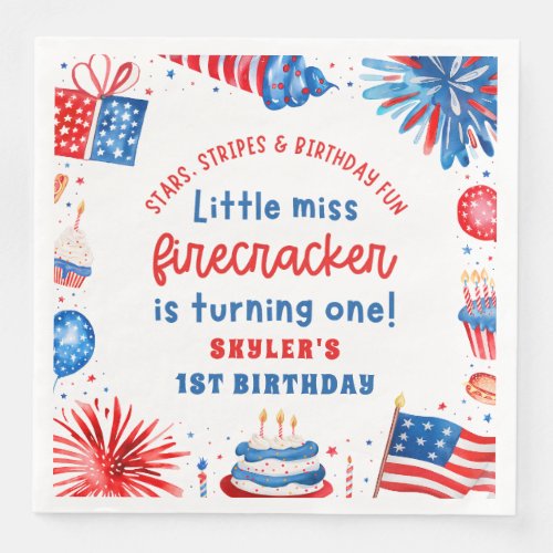 Little Miss Firecracker 4th of July 1st Birthday Paper Dinner Napkins