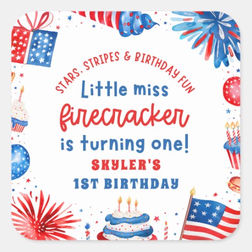 Little Miss Firecracker 4th of July 1st Birthday Square Sticker