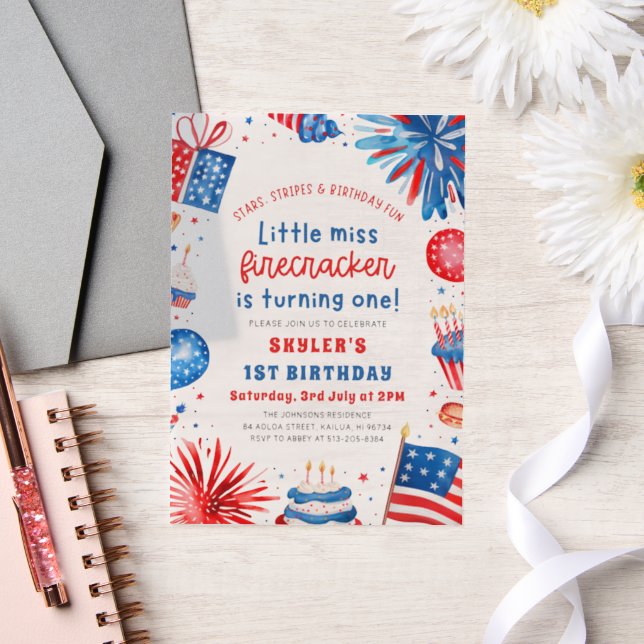 Little Miss Firecracker 4th of July 1st Birthday Vellum Invitations (Wedding)