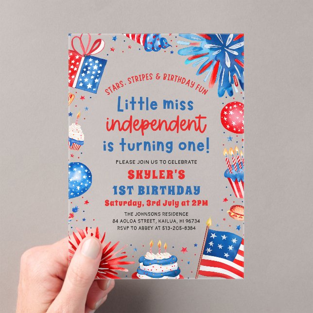 Little Miss Independent 4th of July 1st Birthday Acrylic Invitations (Insitu (Handheld))