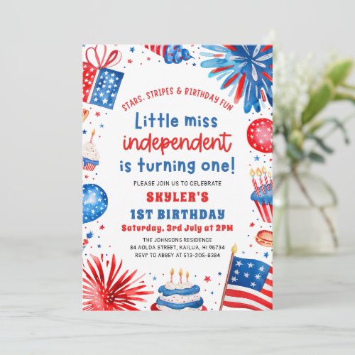 Little Miss Independent 4th of July 1st Birthday Invitation