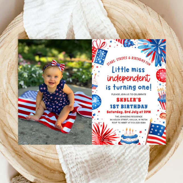 Little Miss Independent 4th of July 1st Birthday Invitation (Watercolor Fireworks Patriotic Little Miss Independent 4th of July Girl 1st Birthday Invitation)