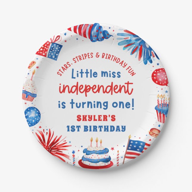 Little Miss Independent 4th of July 1st Birthday Paper Plates (Front)