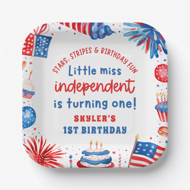 Little Miss Independent 4th of July 1st Birthday Paper Plates (Front)