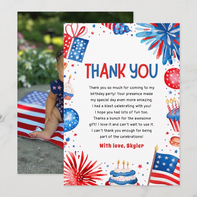  Little Miss Independent 4th Of July 1st Birthday Thank You Card (Front/Back)