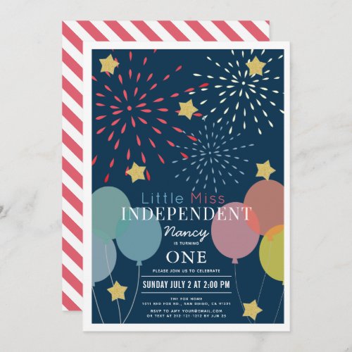 Little Miss Independent Fireworks Balloon Birthday Invitation