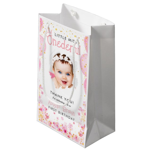 Little miss onderful 1st birthday pink party small gift bag (Front Angled)