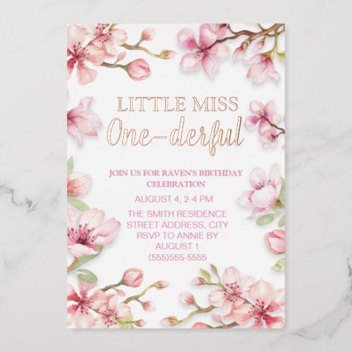 Little Miss One_derful 1st Birthday Pink Floral Foil Invitation