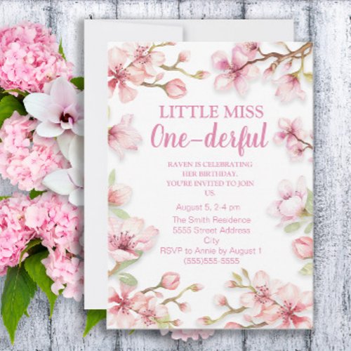 Little Miss One_derful 1st Birthday Pink Floral Invitation