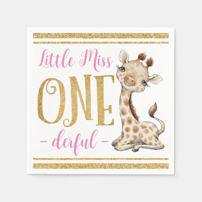 Little  Miss One Derful Cute Giraffe 1st Birthday Napkins (Front)