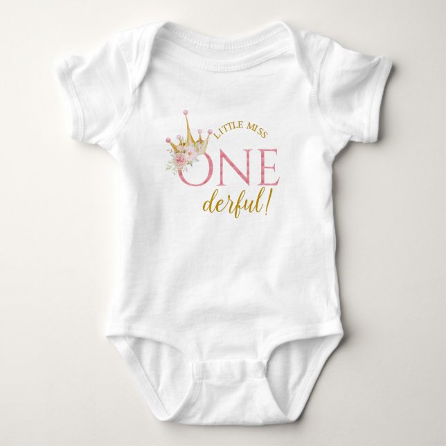 Little Miss One-Derful, Princess Birthday. Baby Bodysuit (Front)
