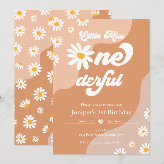 Little Miss ONEderful 1st Birthday Boho Daisy  Invitation (Front/Back)