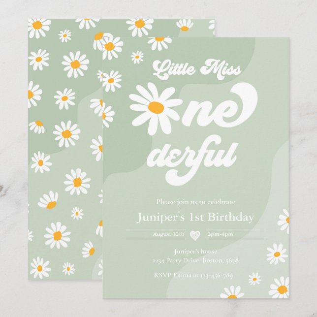 Little Miss ONEderful 1st Birthday Boho Daisy Invitation (Front/Back)