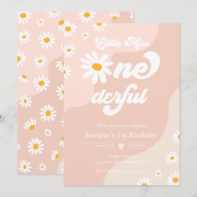 Little Miss ONEderful 1st Birthday Boho Daisy Invitation (Front/Back)