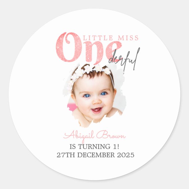 Little Miss Onederful 1st birthday Classic Round Sticker (Front)