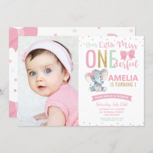 Little Miss ONEderful 1st Birthday Elephant Photo Invitation