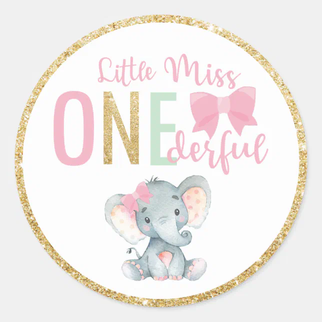Little Miss ONEderful 1st Birthday Favor Elephant Classic Round Sticker ...
