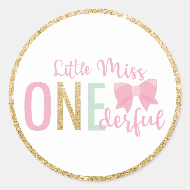 Little Miss ONEderful 1st Birthday Favor Gold Pink Classic Round Sticker (Front)