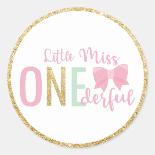 Little Miss ONEderful 1st Birthday Favor Gold Pink Classic Round Sticker