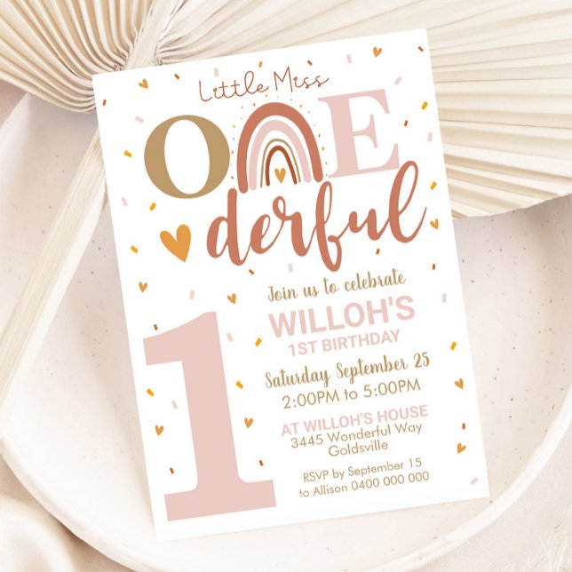 Little Miss Onederful 1st Birthday Invitation Boho (Little Miss Onederful Invitation)