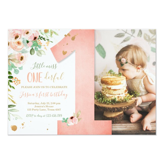 Little Miss Onederful 1st Birthday Invite Floral