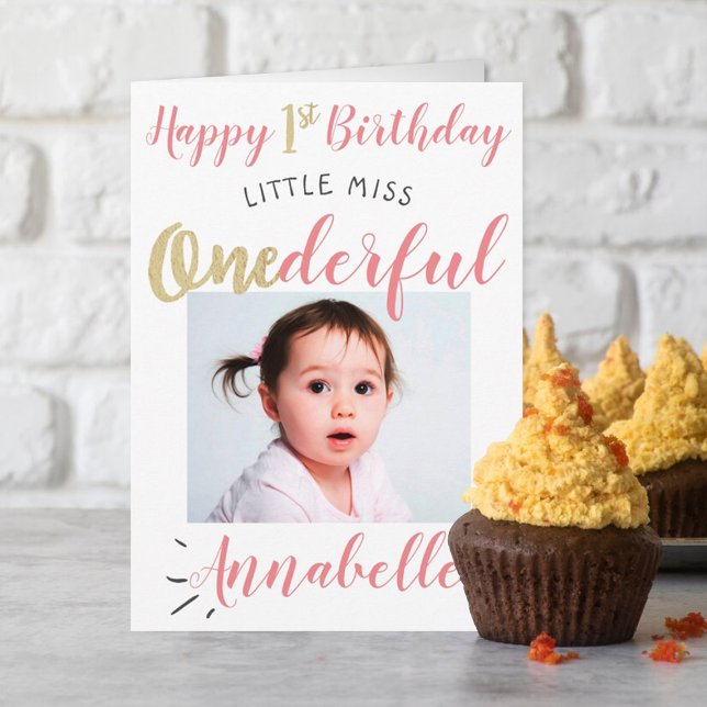 Little Miss Onederful 1st Birthday Photo Card (Creator Uploaded)