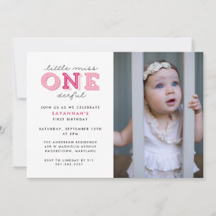 Little Miss Onederful 1st Birthday Photo Invitation
