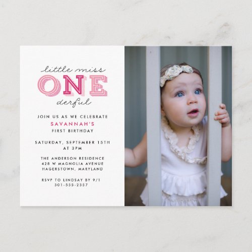 Little Miss Onederful 1st Birthday Photo Party Postcard