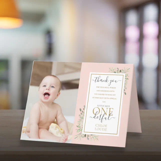Little Miss ONEderful 1st Birthday Photo Pink Girl Thank You Card | Zazzle
