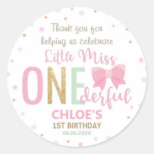 Little Miss Onederful 1st First Birthday ONE Bow   Classic Round Sticker