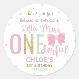 Little Miss Onederful 1st First Birthday ONE Bow Classic Round Sticker
