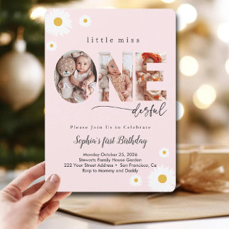 Little Miss Onederful Baby Girl 1st Birthday Photo Invitation