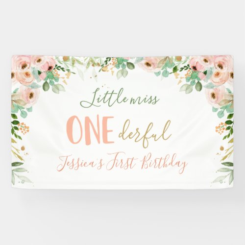 Little Miss Onederful Birthday Floral Pink Gold Banner