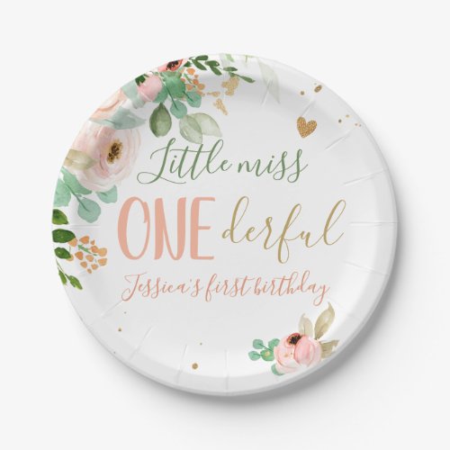 Little Miss Onederful Birthday Pink Girl Flowers Paper Plates