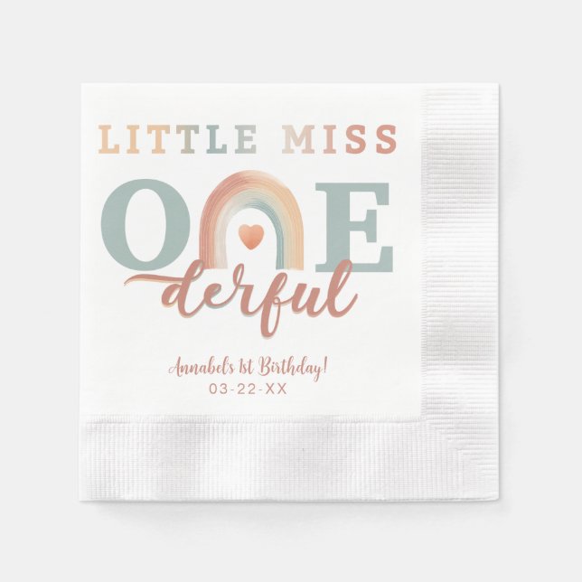 Little Miss Onederful Boho Rainbow Birthday Napkin (Front)