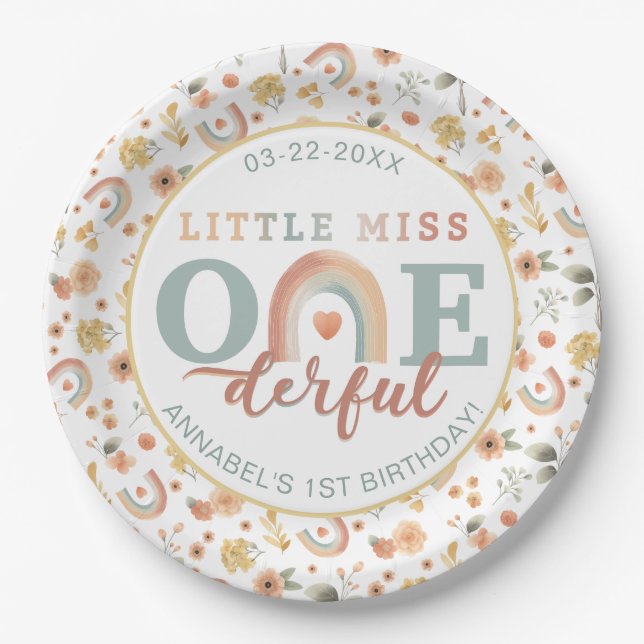 Little Miss Onederful Boho Rainbow Birthday Paper  Plates (Front)