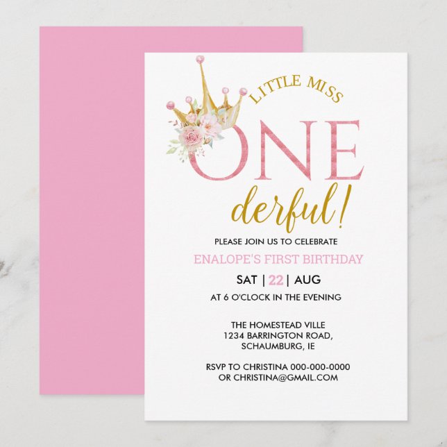  Little Miss Onederful Crown 1st Birthday  Invitation (Front/Back)