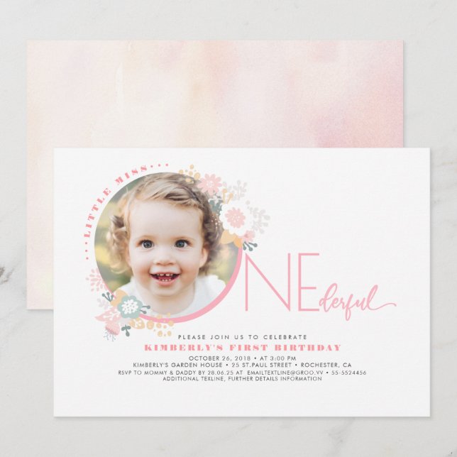 Little Miss ONEderful Cute 1st Birthday Photo Invitation (Front/Back)
