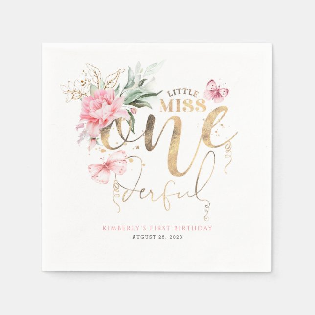 Little Miss Onederful Cute Floral 1st Birthday Nap Napkins (Front)