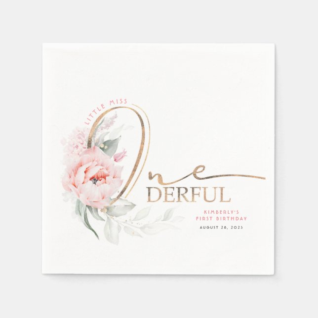 Little Miss Onederful Cute Floral 1st Birthday Napkins (Front)