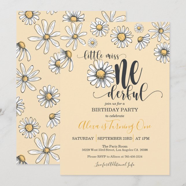 Little Miss ONEderful Daisy Birthday Invitation -Y (Front/Back)