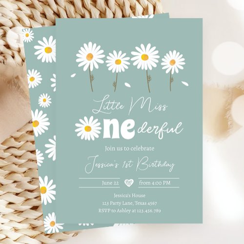 Little Miss Onederful Daisy Dusty Blue Birthday Invitation