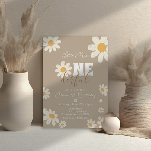 Little Miss ONEderful Daisy Flowers Creme Birthday Invitation