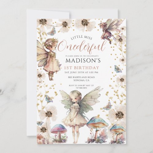 Little Miss ONEderful Fairy Girls 1st Birthday Invitation