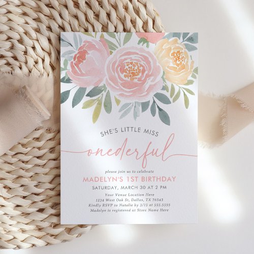 Little Miss Onederful Floral 1st Birthday Invitation